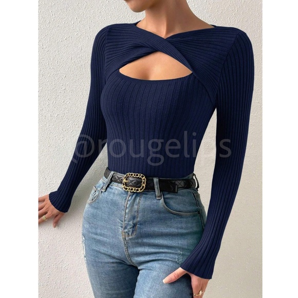 Navy Blue Rib Knit Cut Out Keyhole Twisted Detail Long Sleeve Light Sweater Top - Picture 6 of 7